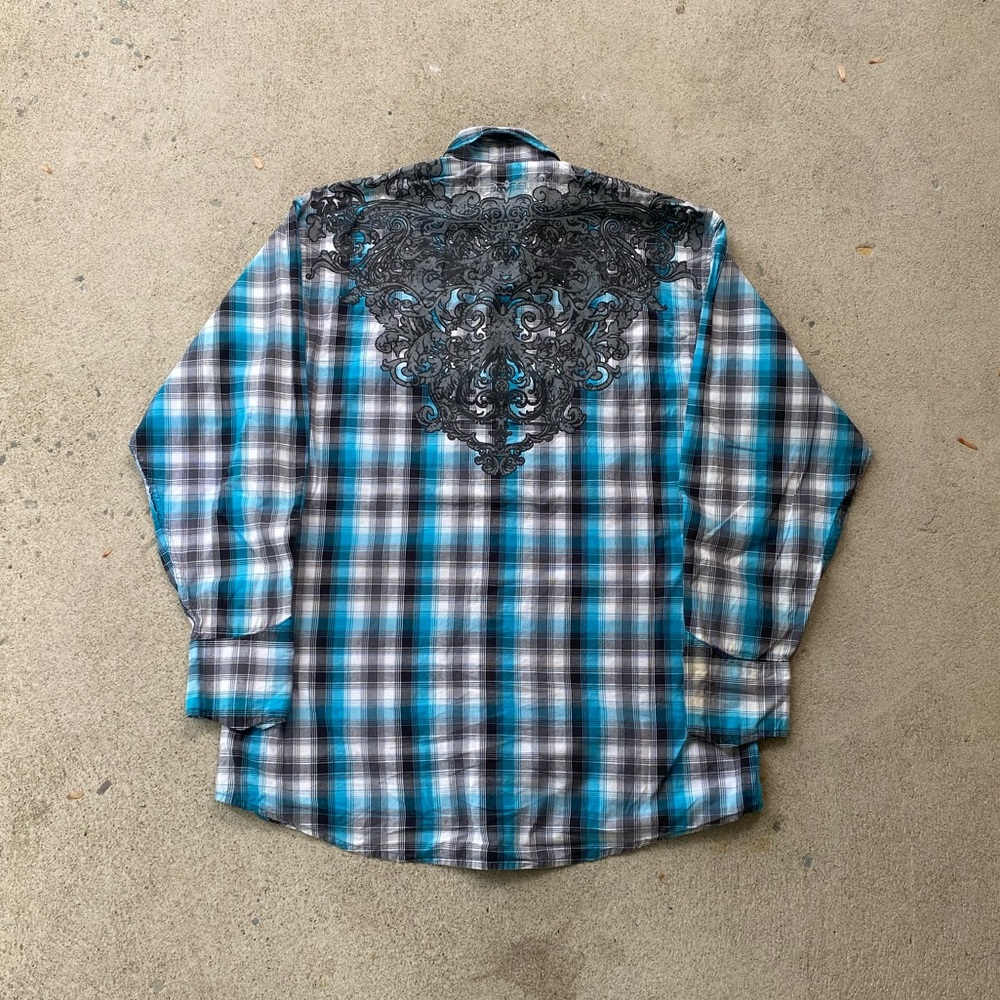 Affliction Blue and Black Plaid Long Sleeve Shirt